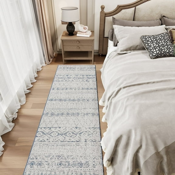 SIXHOME 2'x6' Runner Rugs for Hallway Washable Boho Soft Neutral Geometric Distressed Moroccan Rug Runner for Entryway Kitchen Laundry Room Bedroom Non Slip Rubber Backing Blue
