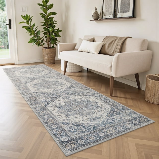 SIXHOME 2'x6' Runner Rugs Machine Washable Runner Vintage Medallion Non Slip Soft Carpet Rug Runner for Bedroom Hallway Kitchen Entryway Laundry Indoor Retro Home Decor Blue