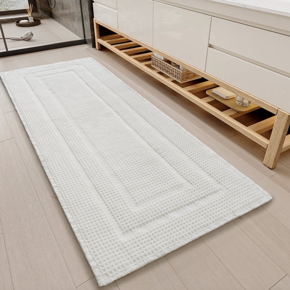 SIXHOME Waffle Bath Mat for Bathroom Runner Rugs, Soft Absorbent Non Slip Long Bathroom Rug, Quick Dry Machine Washable Bath Mat with Rubber Backing, Boho Tassel, 2'x6' Bleach