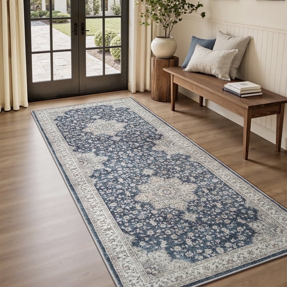 SIXHOME 2x8 Feet Washable Non-Slip Runner Rug - Traditional Distressed Vintage Blue Rug with Retro Floral Design, Ultra-Soft Indoor Carpet for Kitchens Doorways Bedroom