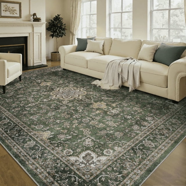 SIXHOME 2x8 Feet Washable Non-Slip Runner Rug - Traditional Distressed Vintage Green Rug with Retro Floral Design, Ultra-Soft Indoor Carpet for Kitchens Doorways Bedroom