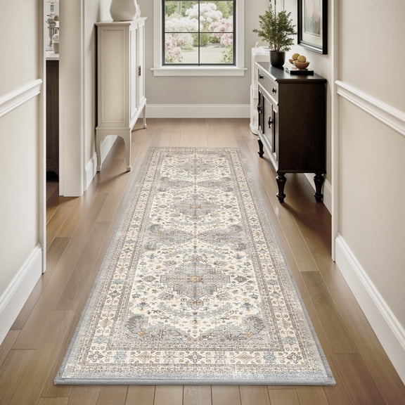 SIXHOME 2'x8' Area Rug, Vintage Medallion Design, Ultra Soft Washable Runner with Non-Slip Backing for Living Room, Bedroom, Dining Room, Gray