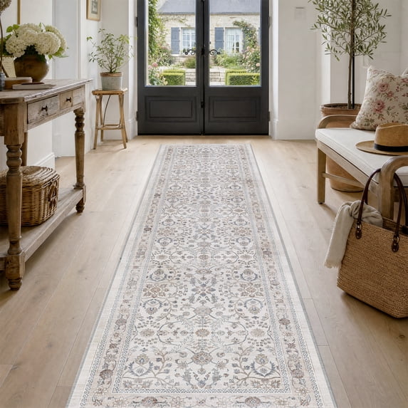 SIXHOME 2'x8' Runner Rug for Hallway, Washable Vintage Floral Rug, Soft Retro Distressed Indoor Carpet, Neutral Non-Slip Rug for Bedroom, Living Room and Home, Beige