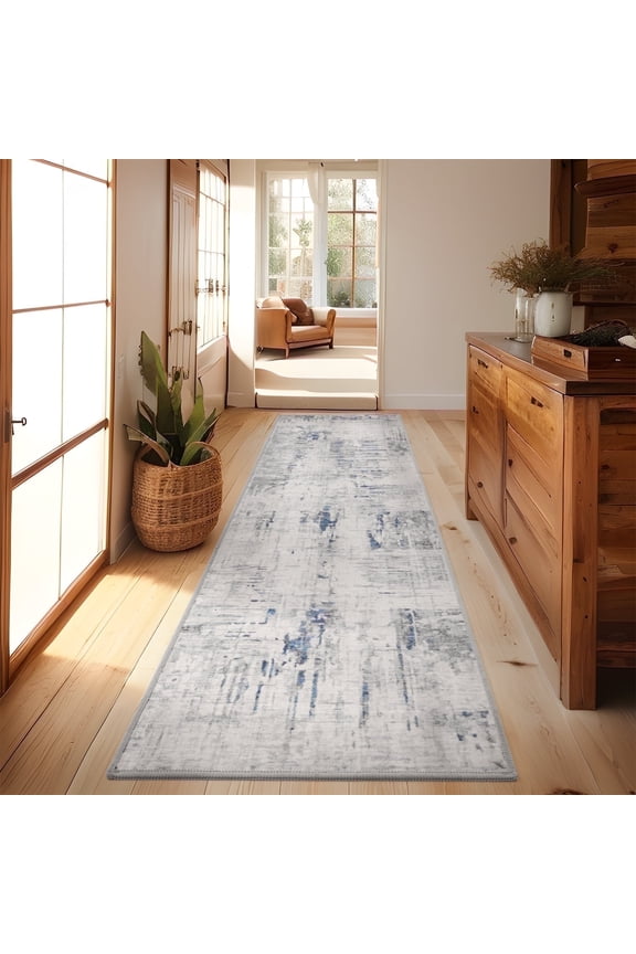 2'x8' Runner Rug Machine Washable Runner Soft Modern Abstract Area Rug for Entryway Bedroom Kitchen Laundry Room Bathroom Aesthetic Home Decor Neutral Navy Blue Runner
