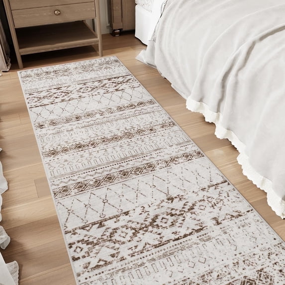 SIXHOME 2'x8' Runner Rugs for Hallway Washable Boho Soft Neutral Geometric Distressed Moroccan Rug Runner for Entryway Kitchen Laundry Room Bedroom Non Slip Rubber Backing Brown