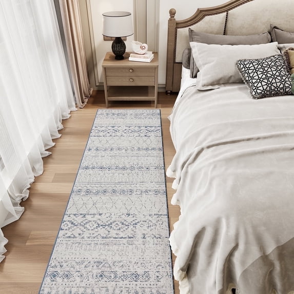 SIXHOME 2'x8' Runner Rugs for Hallway Washable Boho Soft Neutral Geometric Distressed Moroccan Rug Runner for Entryway Kitchen Laundry Room Bedroom Non Slip Rubber Backing Blue