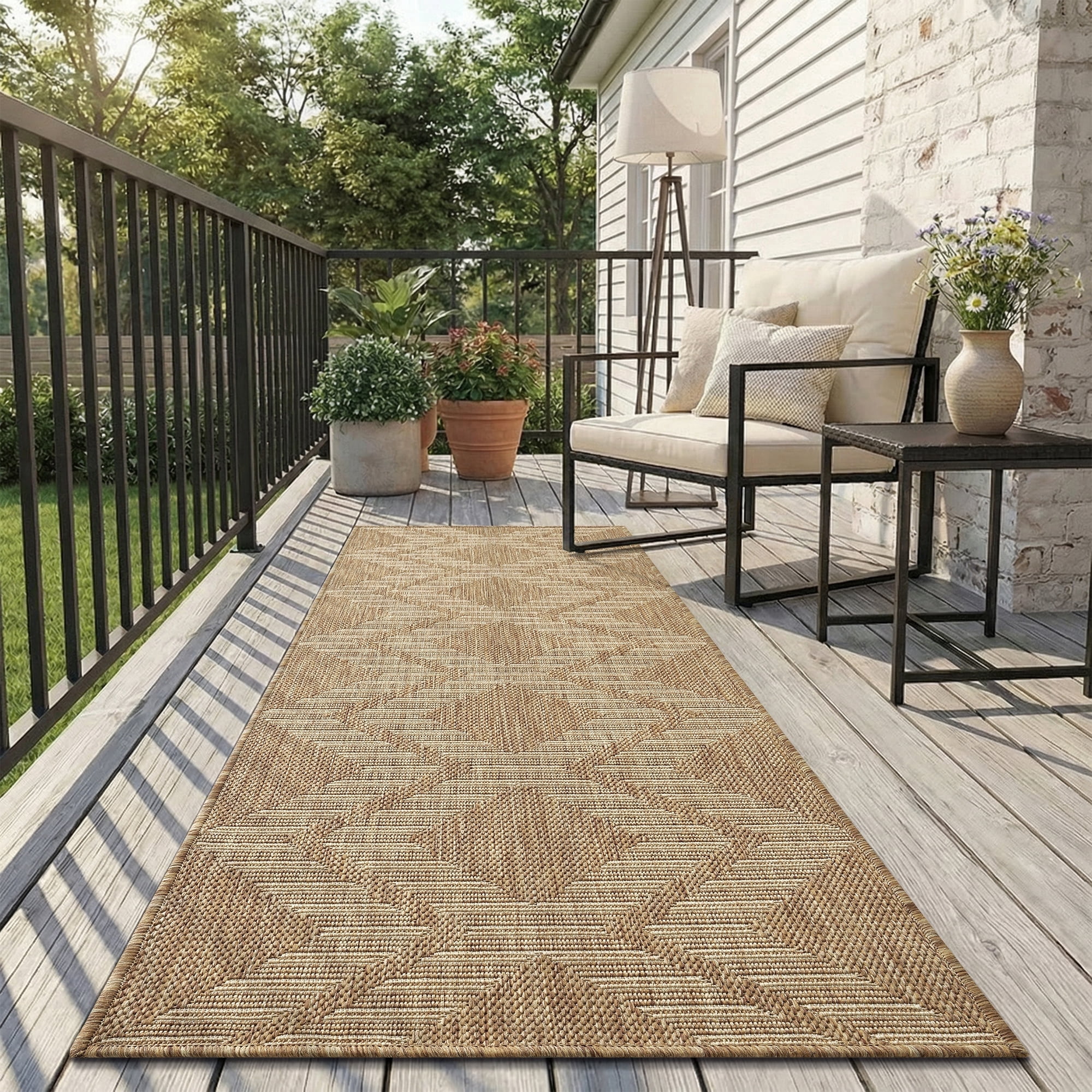 SIXHOME Outdoor Rugs 2'x8' Runner, Bohemian Geometry Patio Rug, Indoor Outdoor Polypropylene Weave Textured Carpet, Water-Resistant, Quick-Dry Rug for Porch, Balcony, RV, Garden, Neutral Brown