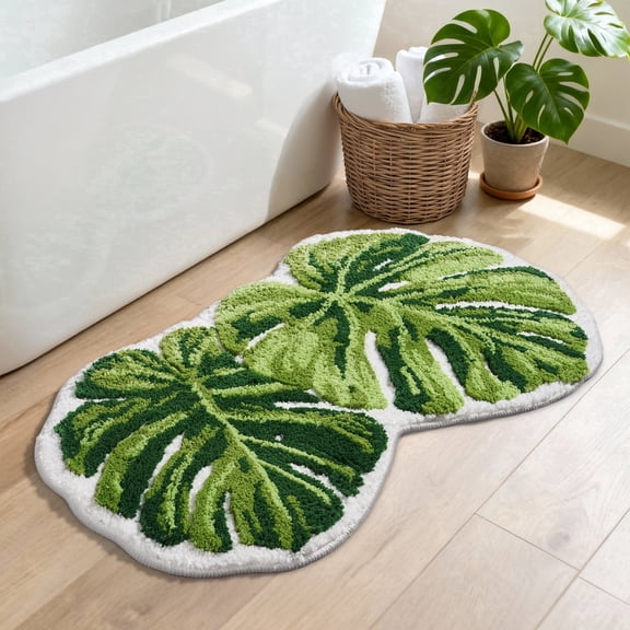 SIXHOME 20"x32" Bathroom Rug with Green Leaf Non Slip Bath Mat Fluffy Soft Super Absorbent Quick Dry Washable Bathroom Mat Tufted Monstera Bath Mats for Bathroom Floor Green