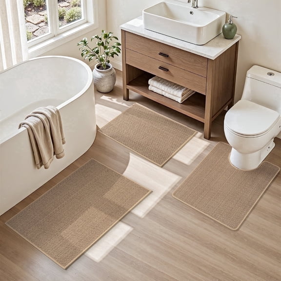 SIXHOME Bathroom Rugs Sets Non Slip Bath Mat Super Absorbent Woven Braided Bathmat Thin Soft Quick Dry Bath Rugs with Rubber Backing Machine Washable Bathroom Mats 17"x24"+20"x32"+20"x24" U Set Beige