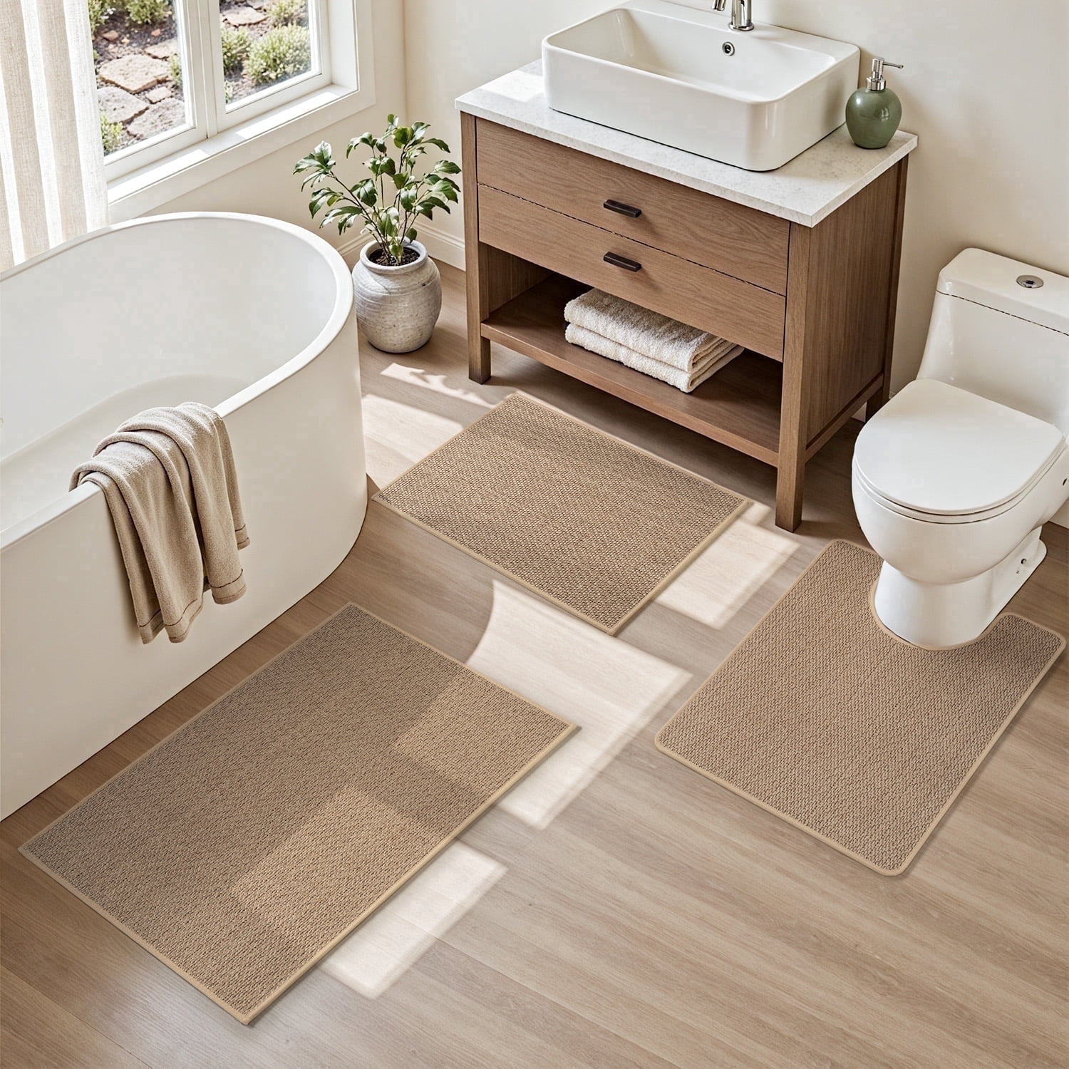 SIXHOME Bathroom Rugs Sets Non Slip Bath Mat Super Absorbent Woven Braided Bathmat Thin Soft Quick Dry Bath Rugs with Rubber Backing Machine Washable Bathroom Mats 17"x24"+20"x32"+20"x24" U Set Beige
