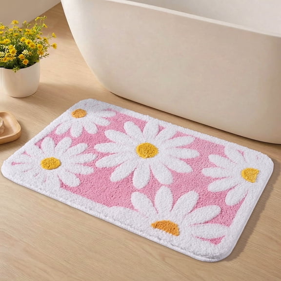 SIXHOME 20"x32" Non Slip Bath Mat, Ultra Soft Super Absorbent Quick Dry Washable Bathroom Rug, Cute Daisy Floral Single-Needle Tufted Bath Mat for Bathroom Floor, Pink