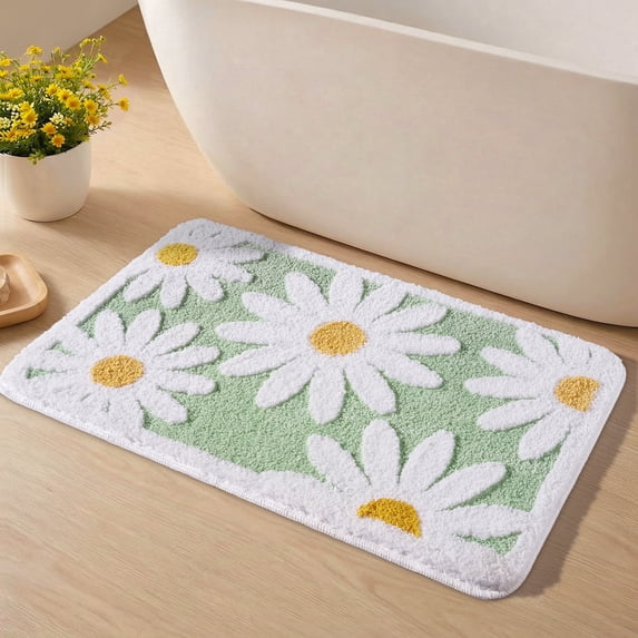 SIXHOME 20"x32" Cute Daisy Bathroom Rug Non Slip Bath Mat Fluffy Soft Super Absorbent Quick Dry Bathroom Mat Machine Washable Tufted Floral Bath Mats for Bathroom Floor Green