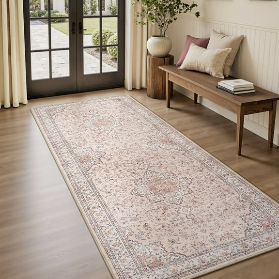 SIXHOME 2x6 Feet Washable Non-Slip Runner Rug - Traditional Distressed Vintage Pink Rug with Retro Floral Design, Ultra-Soft Indoor Carpet for Kitchens Doorways Bedroom