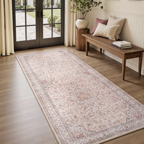 SIXHOME 2x8 Feet Washable Non-Slip Runner Rug - Traditional Distressed Vintage Pink Rug with Retro Floral Design, Ultra-Soft Indoor Carpet for Kitchens Doorways Bedroom