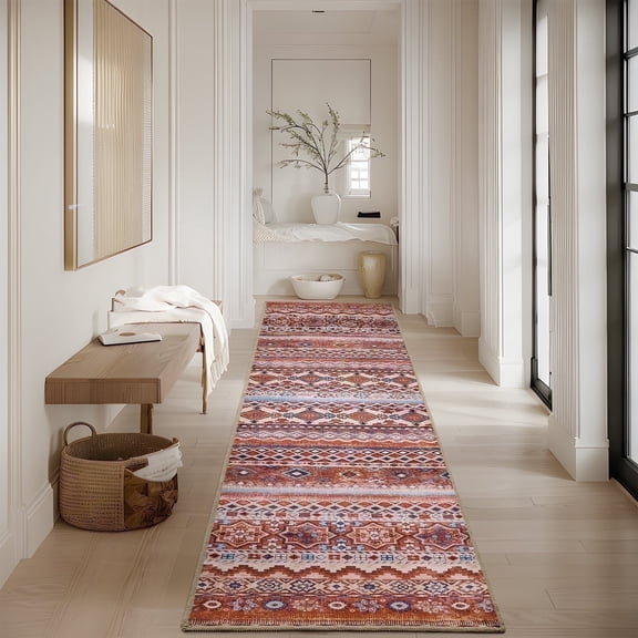 SIXHOME 3'x10' Runner Rugs Vintage Boho Washable Rugs Runner Soft Moroccan Geometric Indoor Runner for Kitchen Laundry Room Bathroom Hallway Bedroom Entryway Nonslip Aztec Rug Colorful and Red