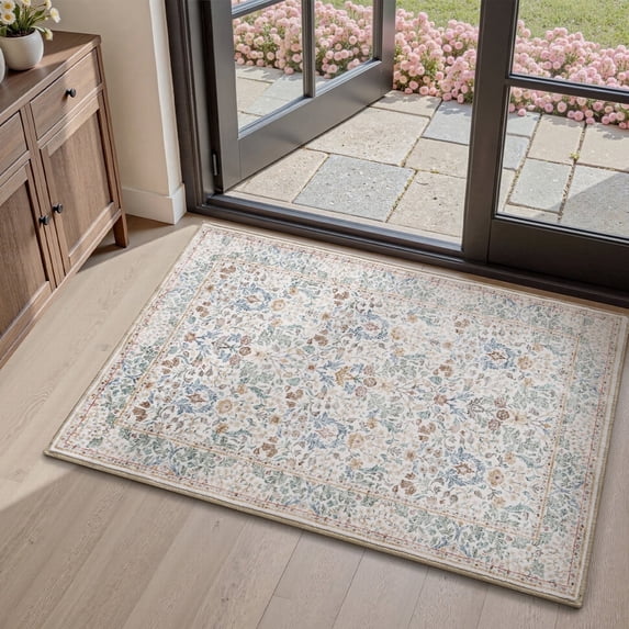 SIXHOME 2'x3' Floral Area Rug, Washable Non-Slip Traditional Carpet, Soft Botanical Accent Rug for Entryway Kitchen Bedroom, Beige