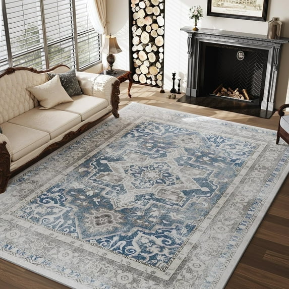 SIXHOME 3'x5' Area Rug Washable Retro Living Room Bedroom Kitchen Carpet Vintage Soft Medallion Distressed Indoor Rug Blue and Cream
