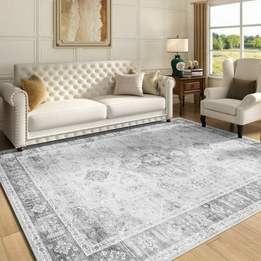 SIXHOME 3'x5' Area Rugs for Living Room Washable Rug Vintage Floral Medallion Rugs for Living Room Bedroom Distressed Retro Carpet Soft Fluffy Non Slip Accent Rug Thin Foldable Indoor Rug Grey