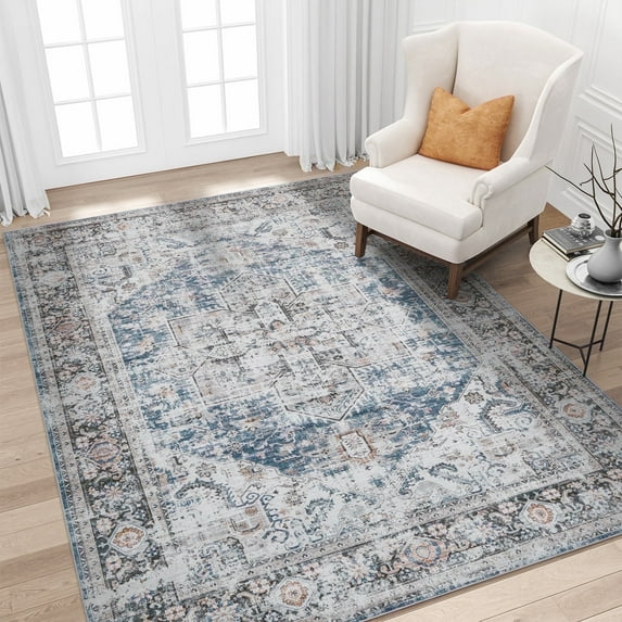SIXHOME 3'x5' Area Rugs for Living Room Washable Rug Vintage Medallion Living Room Rug Distressed Soft Carpet Rugs for Bedroom Dinning Room Office Indoor Retro Home Decor Blue and Gray