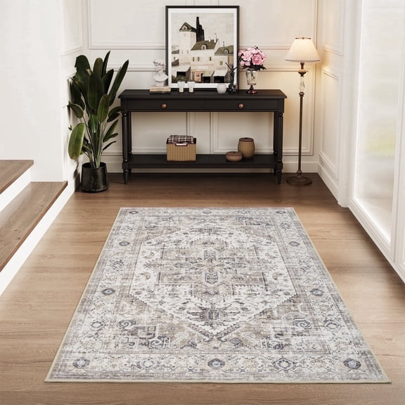 SIXHOME 3'x5' Washable Area Rug for Living Room Vintage Medallion Distressed Carpet Soft Low Pile Rug for Bedroom Dining Room Office Retro Indoor Home Decor Taupe
