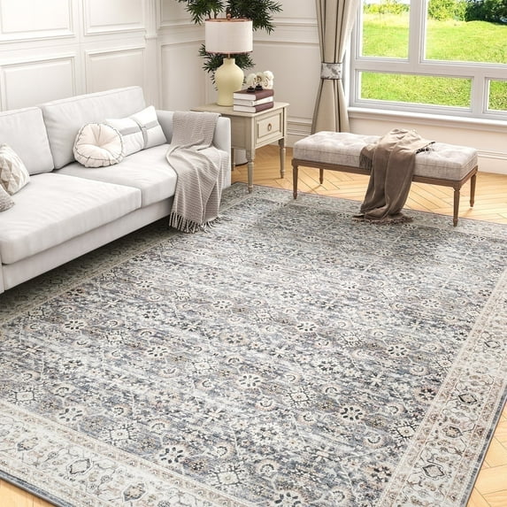 SIXHOME 3'x5' Area Rugs for Living Room Washable Rugs Vintage Floral Living Room Rug Traditional Aesthetic Carpet Soft Rugs for Bedroom Dining Room Office Retro Home Decor Gray