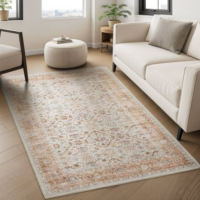 SIXHOME 3'x5' Area Rugs for Living Room Washable Rugs Vintage Floral Living Room Rug Traditional Aesthetic Carpet Soft Rugs for Bedroom Dining Room Office Retro Home Decor Orange