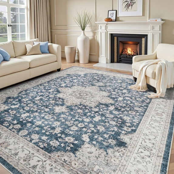 SIXHOME 3x5 Feet Washable Non-Slip Area Rug - Traditional Distressed Vintage Blue Rug with Retro Floral Design, Ultra-Soft Indoor Carpet for Living Room, Bedroom, Dining Room