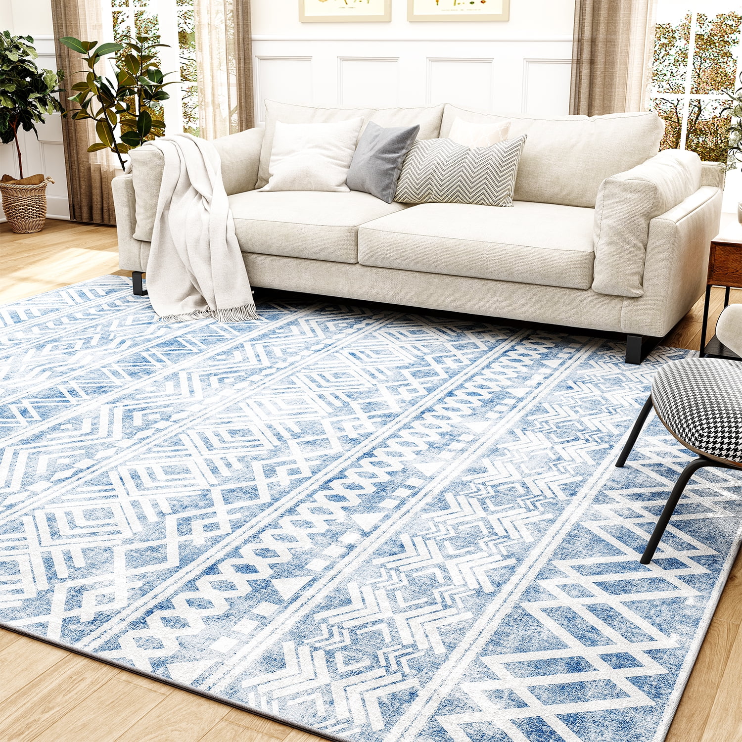  Area Rug Living Room Carpet: 5x7 Large Moroccan Soft Fluffy  Geometric Washable Bedroom Rugs Dining Room Home Office Nursery Low Pile  Decor Under Kitchen Table Blue/Ivory : Home & Kitchen