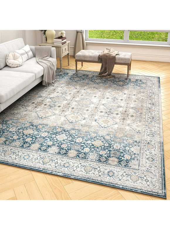 SIXHOME 4'x6' Area Rugs for Living Room Washable Rugs Ombre Vintage Floral Living Room Rug Soft Distressed Indoor Carpet Country Boho Rug for Bedroom Dining Room Kitchen Foldable Nonslip Rug Blue