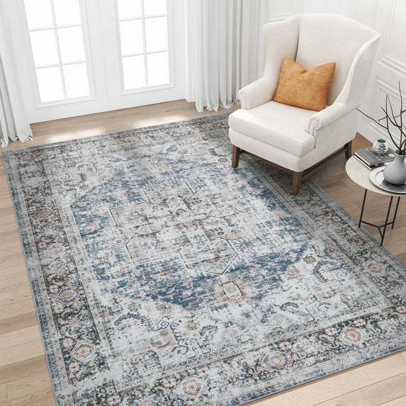 SIXHOME 4'x6' Area Rugs for Living Room Washable Rug Vintage Medallion Living Room Rug Distressed Soft Carpet Rugs for Bedroom Dinning Room Office Indoor Retro Home Decor Blue and Gray