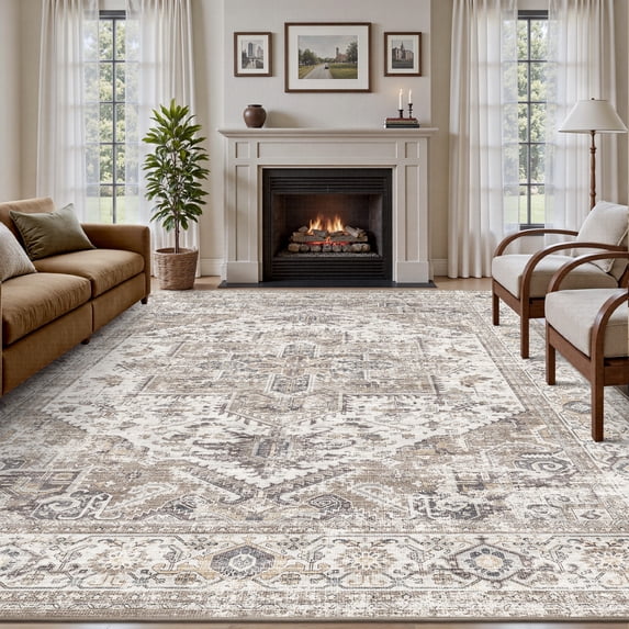 SIXHOME 4'x6' Rugs for Living Room Washable Vintage Medallion Distressed Soft Carpet Area Rug for Bedroom Dining Room Office Indoor Retro Home Decor Taupe