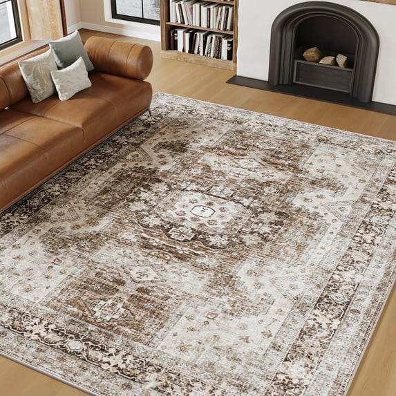 SIXHOME 4'x6' Area Rugs for Living Room Washable Rug Vintage Tribal Living Room Rug Soft Distressed Indoor Carpet Retro Country Rug for Bedroom Playroom Dining Room Kitchen Foldable Nonslip Rug Brown