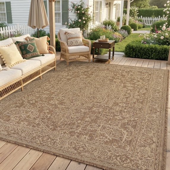 SIXHOME 4'x6' Outdoor Rug, Farmhouse Medallion Patio Rug, Indoor Outdoor Polypropylene Weave Textured Carpet, Water-Resistant, Quick-Dry Rug for Porch, Balcony, RV, Garden, Neutral Brown