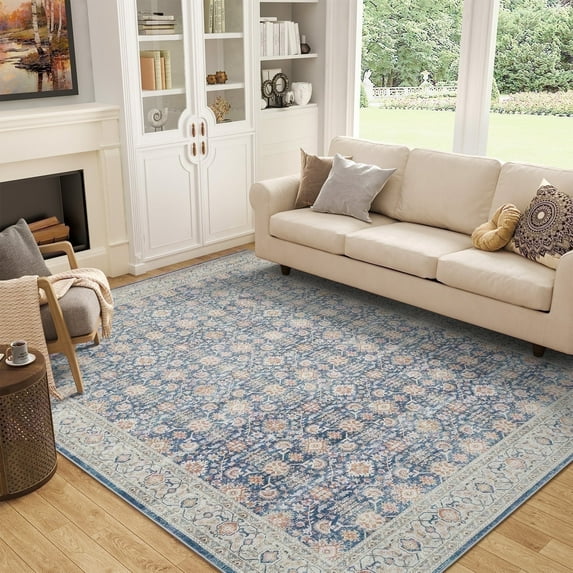 SIXHOME 4'x6' Area Rugs for Living Room Washable Rugs Vintage Floral Living Room Rug Traditional Aesthetic Carpet Soft Rugs for Bedroom Dining Room Office Retro Home Decor Navy Blue
