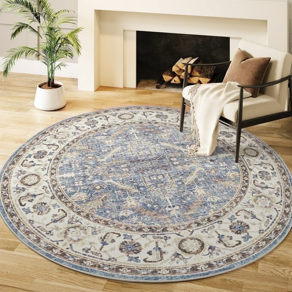 SIXHOME 5'x5' Round Rug Washable Rugs for Living Room Vintage Traditional Circle Carpet Rugs for Bedroom Dinning Room Office Soft Non Slip Area Rug Retro Home Decor Blue