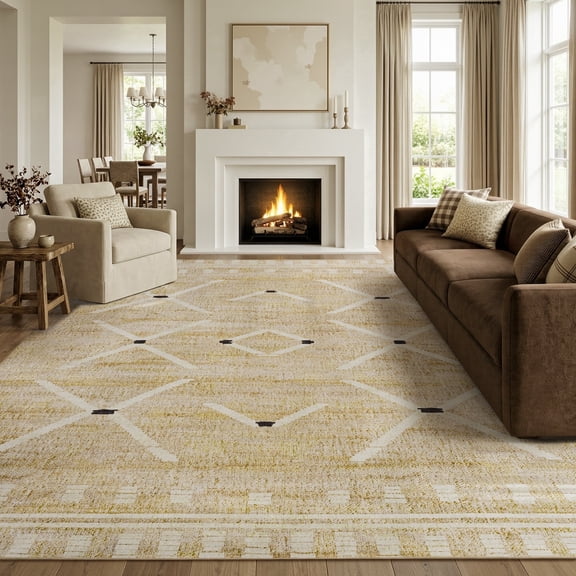 SIXHOME 5x7 Rugs for Living Room Washable Area Rug Non Slip Vintage Boho Geometric Tribal Farmhouse Carpet Low Pile Indoor Rug linen Beige