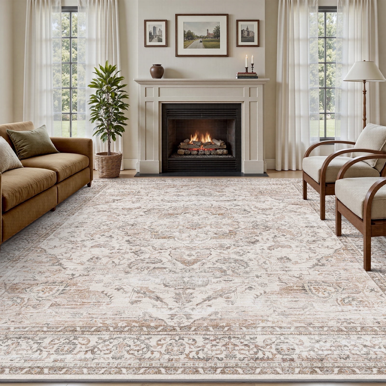 SIXHOME 5'x7' Area Rugs for Living Room Washable Vintage Medallion Rug Oriental Floral Distressed Carpet Ultra Soft Indoor Rugs for Bedroom Dining Room Retro Home Decor Beige