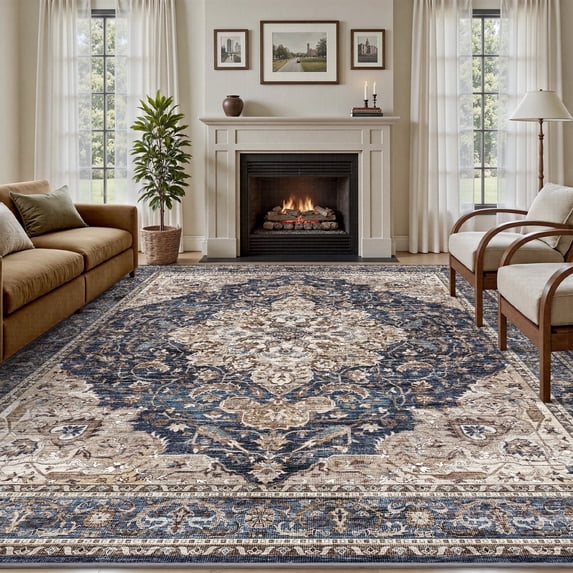 SIXHOME 5'x7' Area Rugs for Living Room Washable Vintage Medallion Rug Oriental Floral Distressed Carpet Ultra Soft Indoor Rugs for Bedroom Dining Room Retro Home Decor Navy Blue