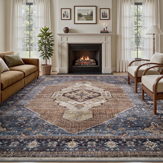 SIXHOME 5'x7' Area Rug Washable Retro Living Room Bedroom Carpet Soft Floral Distressed Indoor Rug Blue