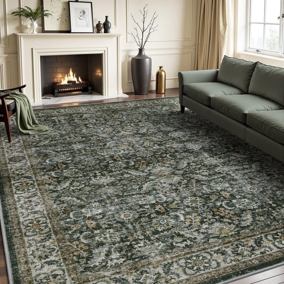 SIXHOME 5'x7' Area Rug Washable Retro Living Room Bedroom Carpet Soft Floral Distressed Indoor Rug Dark Green