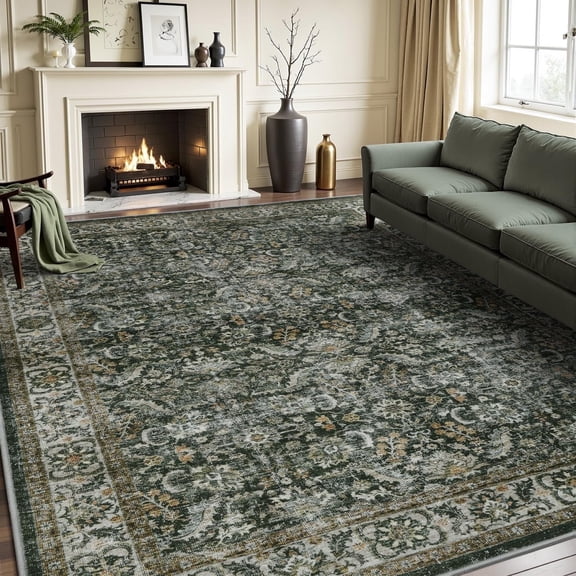 SIXHOME 5'x7' Area Rug Washable Retro Living Room Bedroom Carpet Soft Floral Distressed Indoor Rug Dark Green