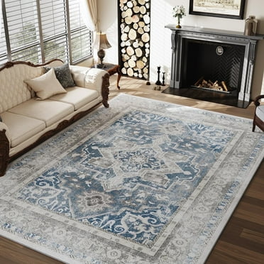 SIXHOME 5'x7' Area Rug for Living Room Soft Washable Non Slip Carpet Vintage Medallion Bedroom Indoor Floor Rugs Distressed Blue and Cream
