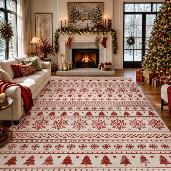 SIXHOME 5'x7' Area Rugs for Living Room Christmas Rugs Washable Rugs for Bedroom Kitchen Dining Room Christmas Decor Red Geometric Snowflake Carpet Non-Slip Accent Rug