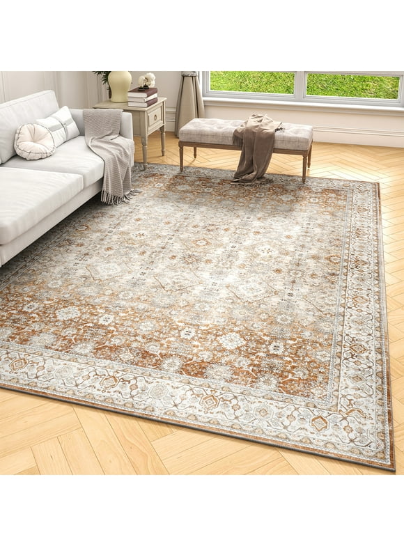 SIXHOME 5'x7' Area Rugs for Living Room Washable Rugs Ombre Vintage Floral Living Room Rug Soft Distressed Indoor Carpet Country Boho Rug for Bedroom Dining Room Kitchen Foldable Nonslip Rug Taupe