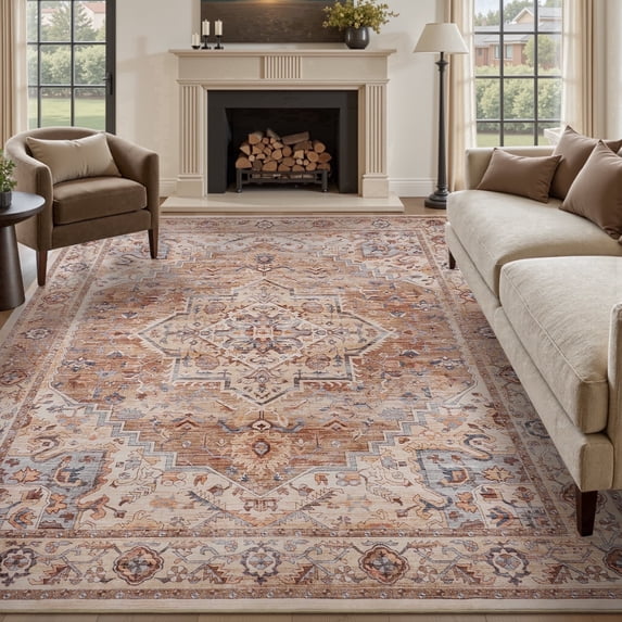 SIXHOME 5'x7' Eastern Classic Area Rug Washable Distressed Carpet Vintage Medallion Rugs for Living Room Bedroom Kitchen Dining Room Retro Neutral Home Decor Red