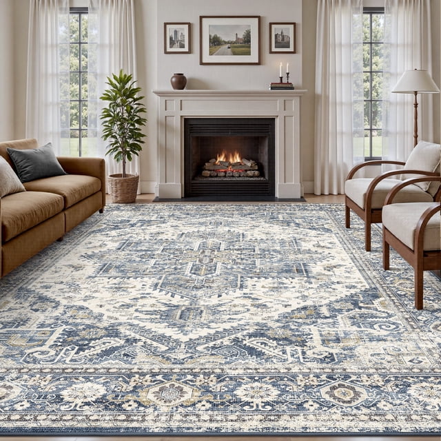 SIXHOME 5'x7' Washable Area Rug for Living Room Vintage Medallion Distressed Carpet Soft Low Pile Large Rug for Bedroom Dining Room Office Retro Indoor Home Decor Blue
