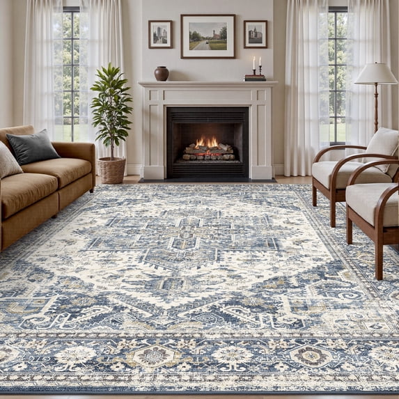 SIXHOME 5'x7' Washable Area Rug for Living Room Vintage Medallion Distressed Carpet Soft Low Pile Large Rug for Bedroom Dining Room Office Retro Indoor Home Decor Blue
