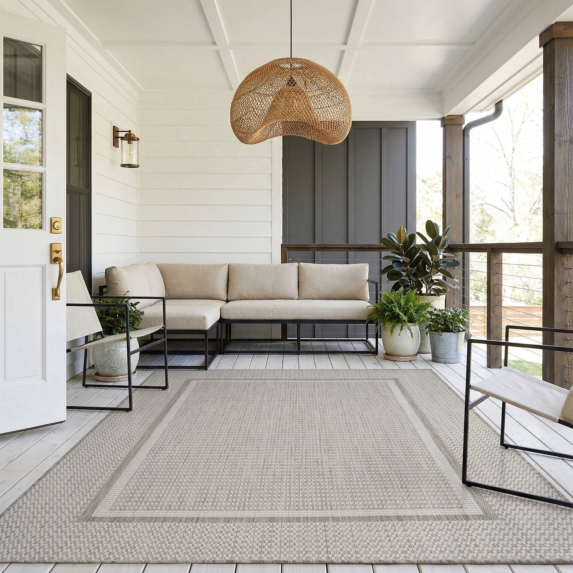 SIXHOME Outdoor Rugs 5'x7' Patio Rug Modern Bordered Indoor Outdoor Rugs Polypropylene Washable Non Shedding, Easy Clean, Waterproof, Durable Outdoor Carpet for Porch Balcony Deck Neutral Gray