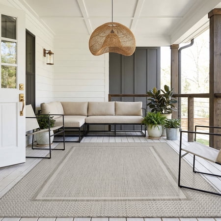 SIXHOME Outdoor Rugs 5'x7' Patio Rug Modern Bordered Indoor Outdoor Rugs Polypropylene Washable Non Shedding, Easy Clean, Waterproof, Durable Outdoor Carpet for Porch Balcony Deck Neutral Gray