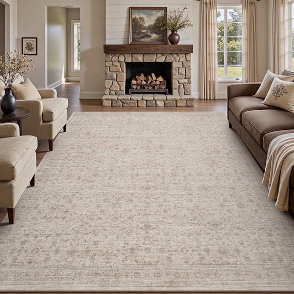 SIXHOME 5'x7' Vintage Distressed Area Rug Soft Washable Non-Slip Carpet American Classic Retro Rug with Geometric Rugs for Living Room Bedroom Neutral Home Decor Beige